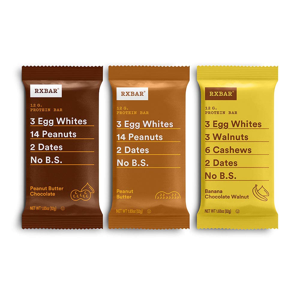 RXBAR Peanut Butter, Chocolate Peanut Butter, Banana Chocolate Walnut Variety Pack, Protein Bar, High Protein Snack, Gluten Free, 1.83 Ounce, 24 Count
