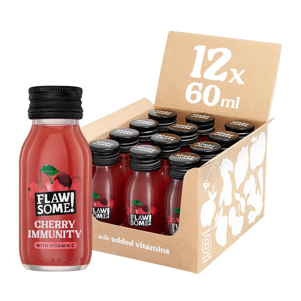 Flawsome! Vitamin C Cherry Shots (12x60ml) | Immune Boost | 375mg of Vitamin C in Every Shot (468% RI) | Whole Ingredients, Nothing Artificial | Nature’s Answer to Vitamin C Tablets | BCorp certified