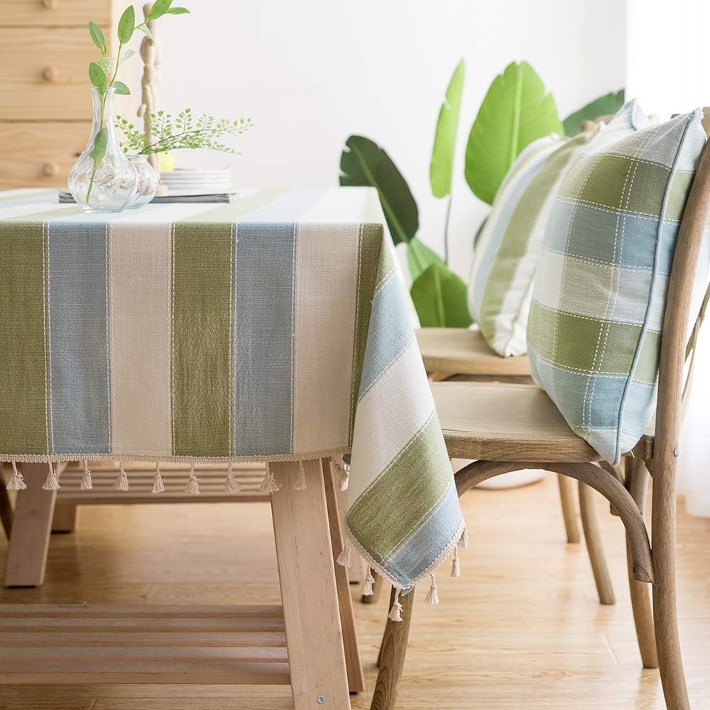 LINENLUX Striped Cotton Linen Tablecloth/Table Cover with Tassel Blue Green Rectangle/Oblong 53 X 86 in