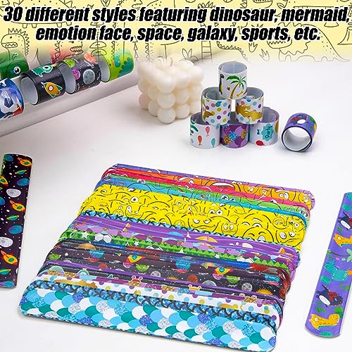 LOVESTOWN Slap Bracelets for Kids, 64PCS Kids Slap Wristbands Snap Bracelets Dinosaurs Mermaid Space Emotions for Party Favors Classroom Prizes Exchanging Gifts