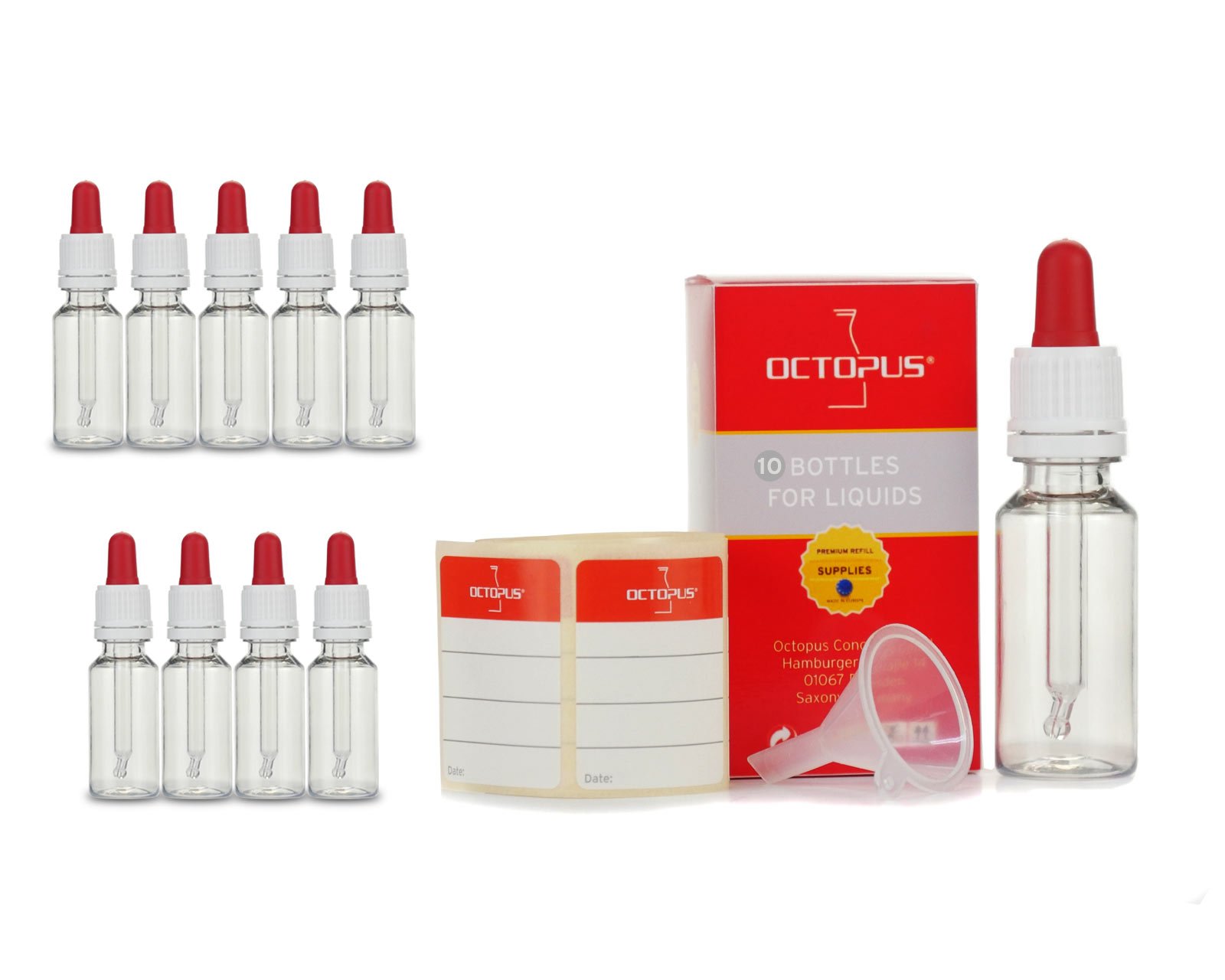 10 x 20 ml pipette bottles (PET) with glass pipette, for dosing liquids, incl. Mini funnels + labels