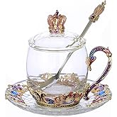 LANTREE Glass Tea Cup with Lid Crown Coffee Mug with Spoon Fancy Tea Cup Antique Gifts for Women Mother's Day Birthday Valentines Day Gift(11oz Crown)