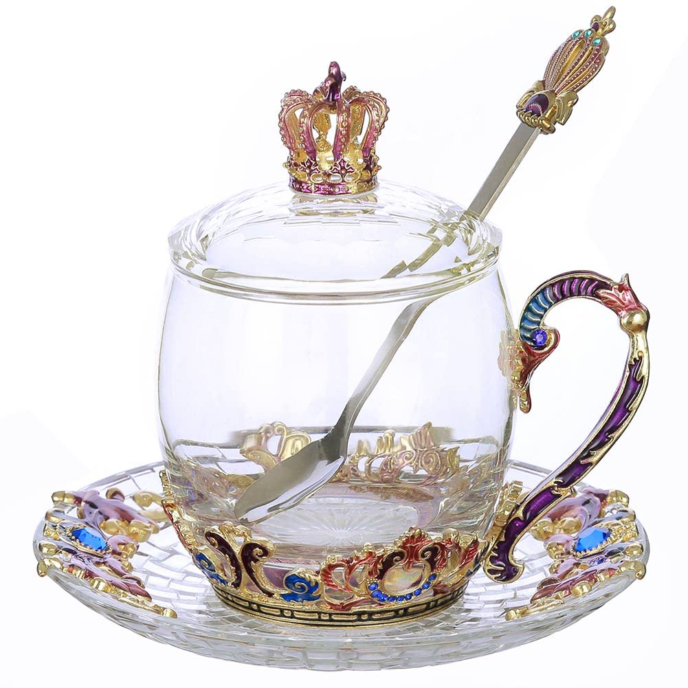 Photo 1 of LANTREE Glass Tea Cup with Lid Crown Coffee Mug with Spoon Fancy Tea Cup Antique Gifts for Women Mother's Day Birthday Valentines Day Gift(11oz Crown)