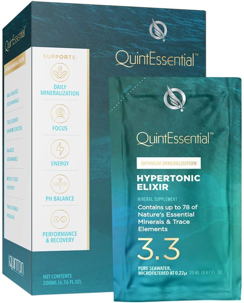 QuintEssential Hypertonic Elixir 3.3 Liquid Packets - Optimum 2X Mineralization Formula with 78 Ocean Minerals, Electrolytes & Trace Elements to Support Focus, Energy + Performance (10 Sachets)
