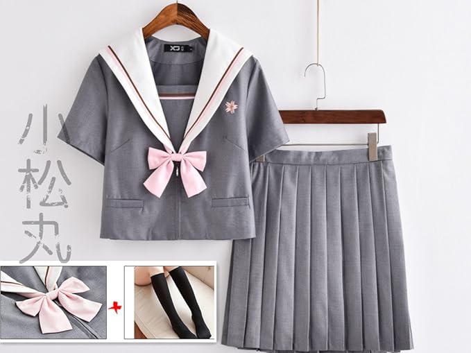 Amazon 小松丸 異色の襟 セーラー服 半袖 桜柄 ベレー帽付き グレー ミニスカート コスプレ Jk制服 5点セット 半袖4点セットa ベレー帽なし S コスプレ 仮装 通販