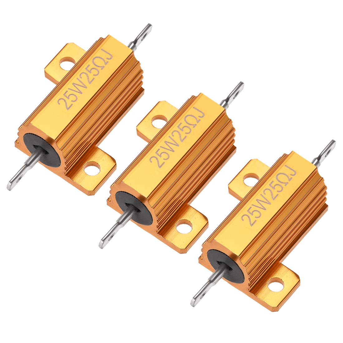 sourcingmap 25W 25 Ohm 5% Aluminum Housing Resistor Screw Tap Chassis Mounted Aluminum Case Wirewound Resistor Load Resistors Gold Tone 3 Pcs