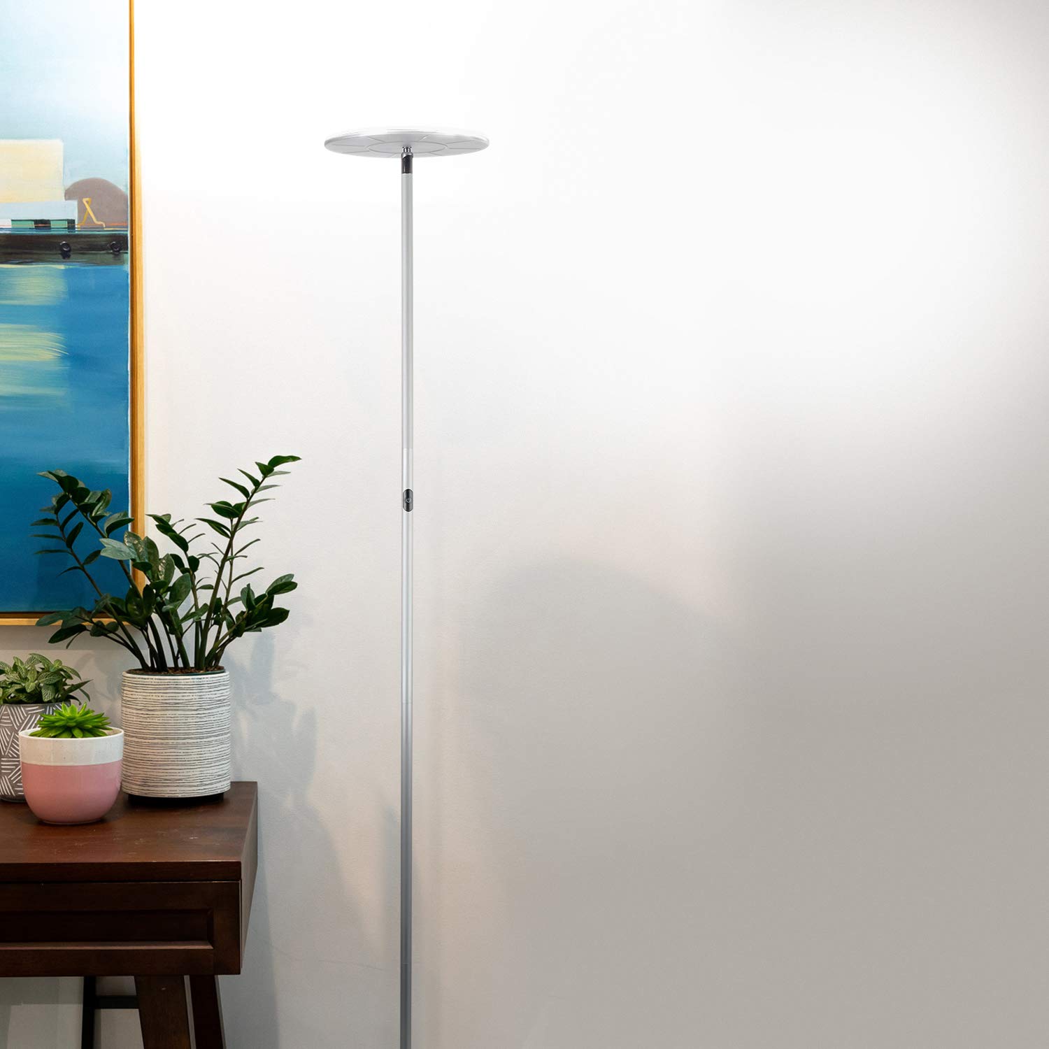 Brightech Sky Flux Dimmable LED Floor Lamp – Super Bright Floor Lamp for Living Room and Offices – Torchiere Standing Lamp with 3 Light Options, Tall Lamp for Bedroom Reading and More - Silver