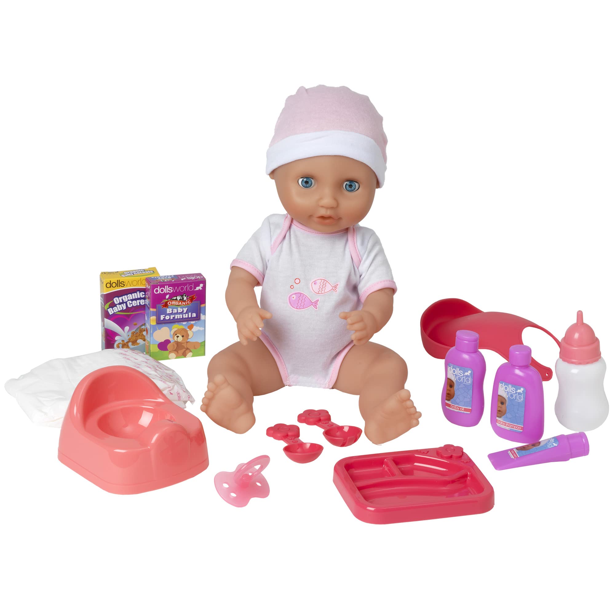 DOLLSWORLD CLASSIC from Peterkin | Baby Dribbles Doll Playset | 38cm drink and wet doll with sleeping eyes, deluxe outfit and accessories | Dolls & Accessories | Ages 3+