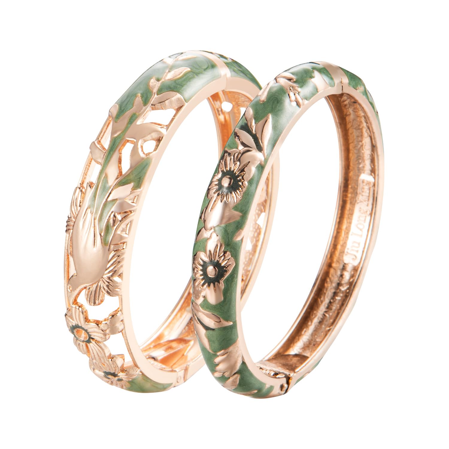 UJOY Enamel Bangle for Women, Handmade Floral Bracelet for Lady, Vintage Jewellery keepsake, 2 Pcs Green & Gold Heart Mum Bracelet Copper, Mothers Day keepsakes from Daughter