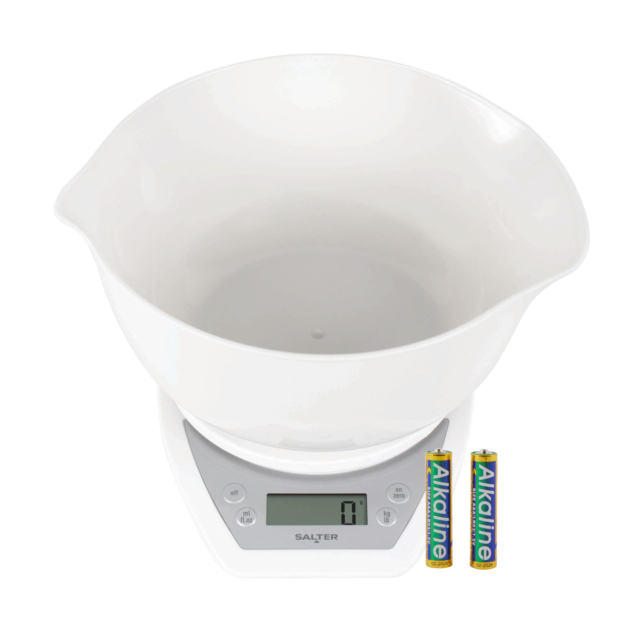 Salter 1024 WHDR14 Dual Pour Digital Kitchen Scale - Includes 2L Mixing Bowl, Wide & Narrow Pouring Spouts for Wet & Dry Ingredients, Measure Liquids, Add & Weigh, Easy Read LCD Display, 5kg Capacity