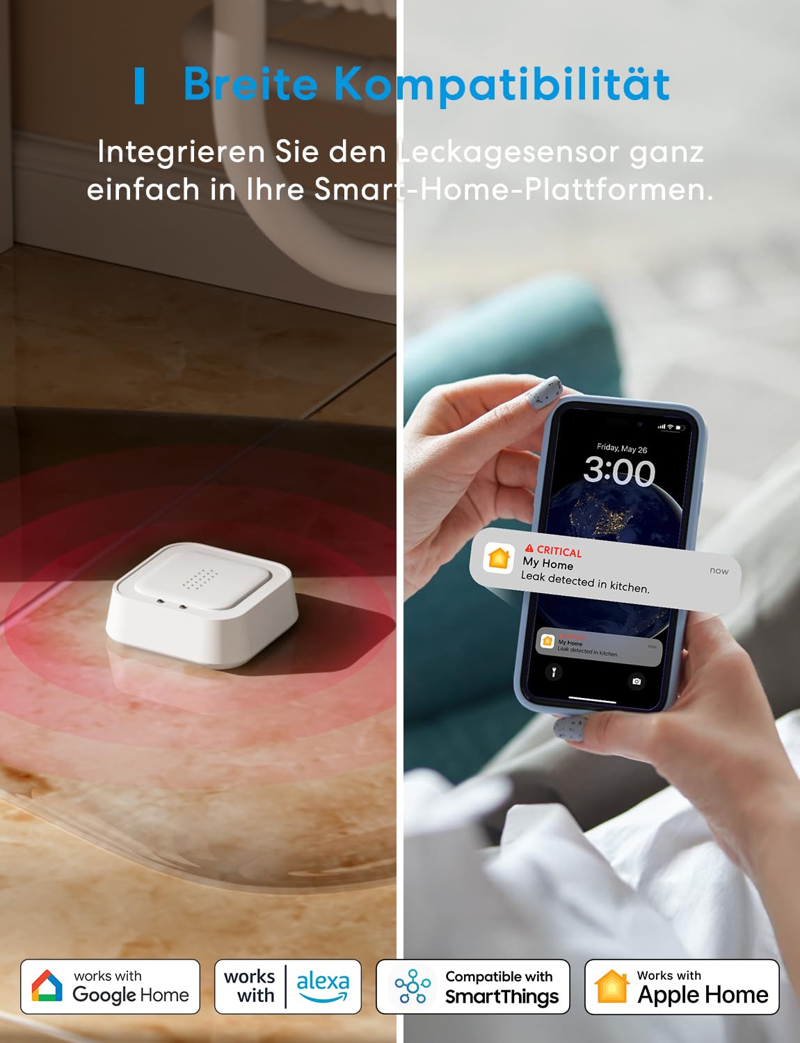 Meross Smart Wassermelder mit Hub MSH400 | Wasserlecksensor WLAN 0,3 mm Erkennung | bis 100dB Sensor & APP & Hub-Alarm | Smart Wasseralarm Melder für Küche, Badezimmer, Keller | Batterie für 3 Jahre 5