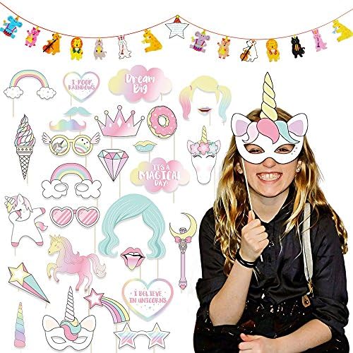 Unicorn Photo Booth Props Kids 30 pcs + Jungle Animal Banner Set Decoration for Kid’s Adult’s Birthday Parties Decoration Supplies