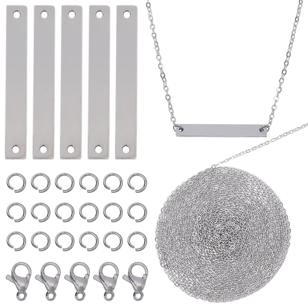 SUNNYCLUE 1 Box DIY 10 Sets Metal Stamping Necklace 304 Stainless Steel Blank Necklace Rectangle Link Connectors Blank Stamping Tags with 5m Cable Chains Stamping Blanks for jewellery Making Kits