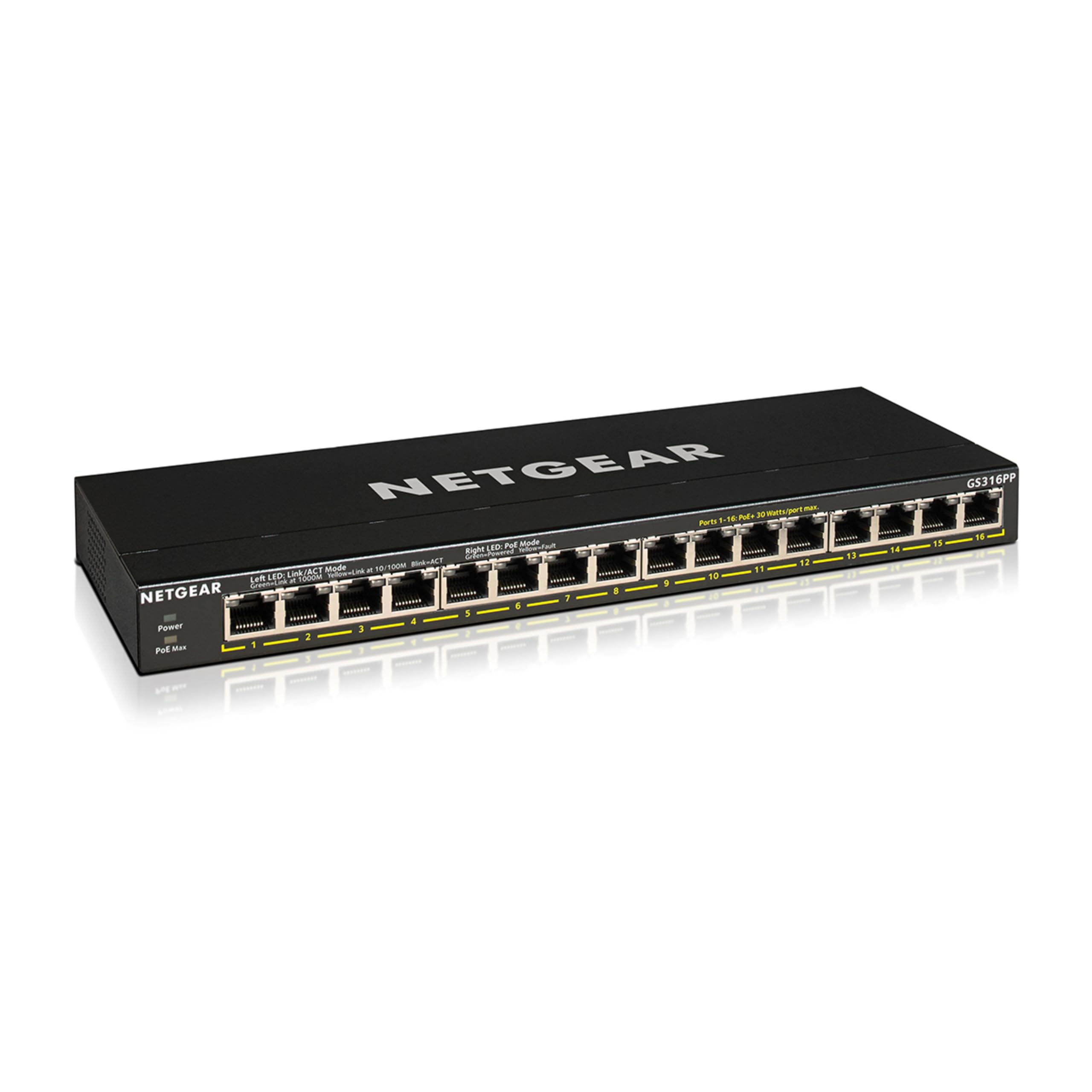 NETGEAR 16 Port PoE Switch GS316PP - Ethernet Splitter - Ethernet Switch - Ethernet Hub - Plug-and-Play - Silent Operation - Desktop or Wall Mount