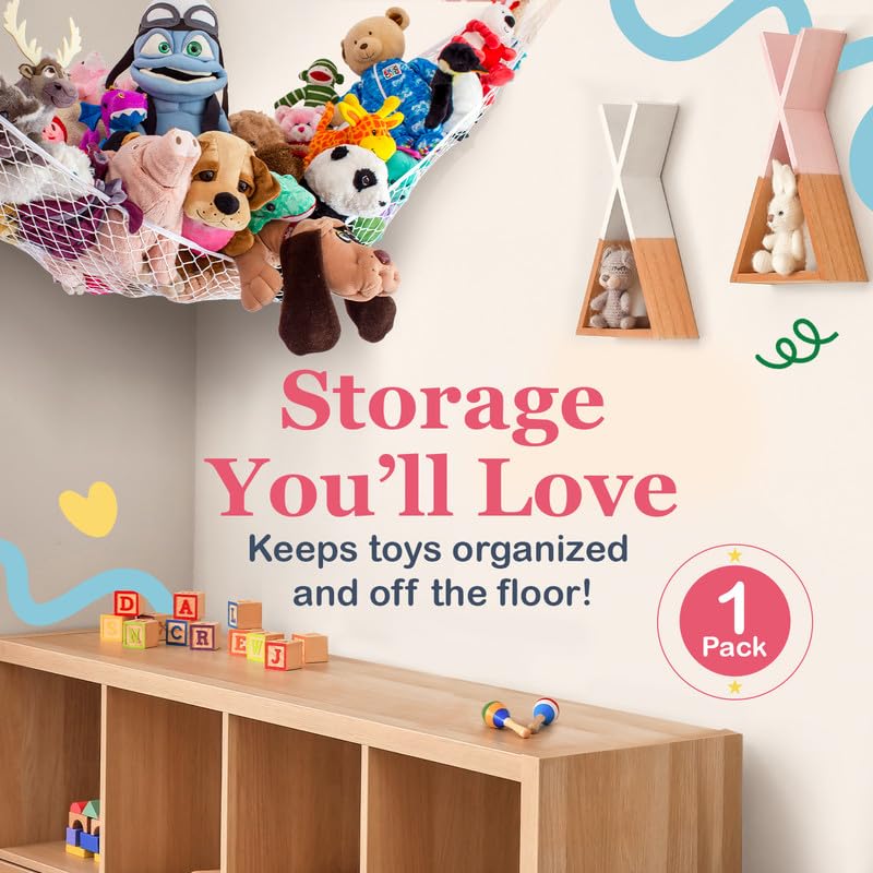 Lilly's Love Stuffed Animal Hammock | Corner Hanging Organizer, Toy Storage, Stuffed Animal Storage | Easy to Hang Plushie Net w/Included Anchors & Hooks | Cute Room, Bedroom & Home Decor (White)