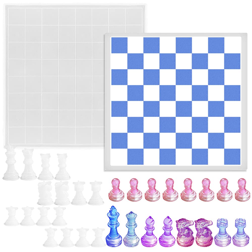 SENHAI Chess Board Resin Mold Set, 1Pc Checker Game Board Silicone Mold & 16Pcs 3D Chess Pieces Resin Casting Molds - for DIY Jewelry Crafts Making, Family Party and Outdoor Board Games