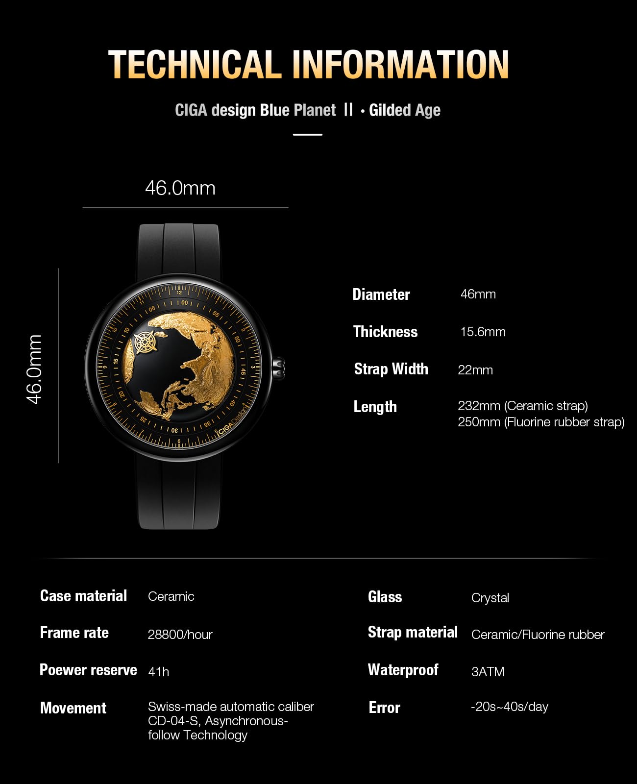 CIGA Design Mechanical Automatic Watch Blue Planet U Series Stainless Steel/Titanium/Ceramics Case Sapphire Crystal Fluororubber/Ceramics Strap Watches Gifts for Men and Women