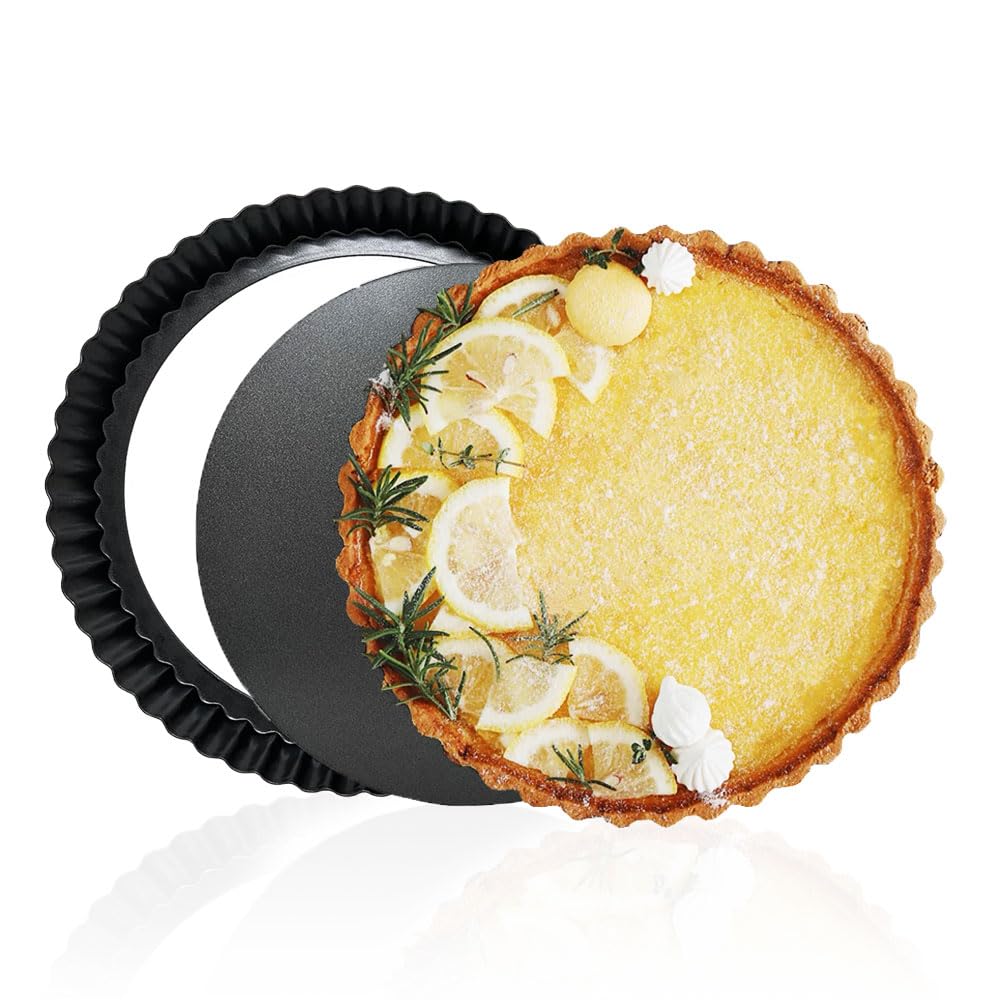 Photo 1 of 10 Inch Round Tart Pan with Removable Bottom - Non-Stick Carbon Steel Quiche Pan 1.18 Inch Depth Reusable Baking Tool for Mousse Cakes Pies Kitchen Essentials