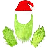 TIZHJOZI Christmas Santa Hat and Beard with Furry Gloves, Green Monster Costume Accessories for Women Men, Cosplay Party Prop