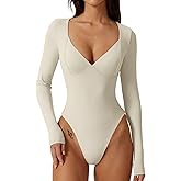 QINSEN Women's Long Sleeve Bodysuit V Neck Body Suits Seamed Cup Going Out Tops Shirt
