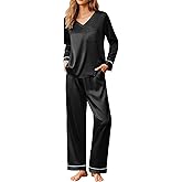 Ekouaer Satin Pajama Set for Women Soft Silk Sleepwear Long Sleeve V Neck Loungewear 2 Piece Pj Sets