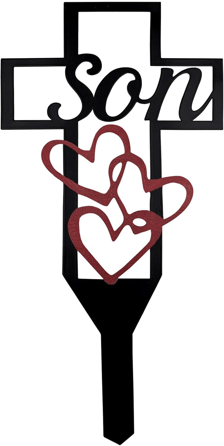 Decorative Garden Stakes - Oooct Cemetery Memorial Cross Stake for Son, Son Memorial Plaque Stake, Memorial Signs Marker for Son Grave, Metal Cross Garden Stake Graves Cemetery Decorations (12X6 Inch)