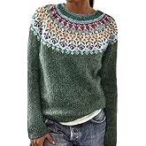 Women's Fair Isle Knit Pullover Sweater Oversized Casual Loose Crewneck Vintage Striped Long Sleeve Jumper Tops