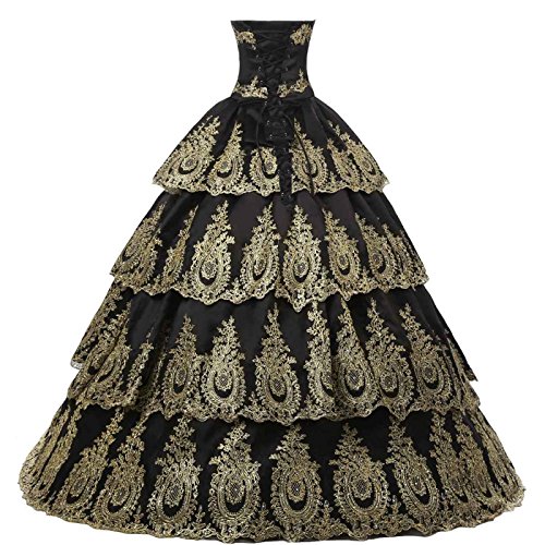 Gothic Black and Gold Lace Cake Ball Gown Prom Evening Quinceanera Dresses US 16