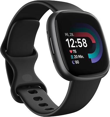Google Versa 4 Smartwatch Fitness Tracker enthält eine 3 monatige Google Health Premium Mitgliedschaft, 6 Tage Akkulaufzeit – Kompatibel mit Android/iOS, Schwarz/Aluminium in Graphit