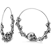 Stainless Steel Skull Hoop Earrings for Women, Gothic Branch Vine Wrap Design, Antique Silver Tone Punk Jewelry