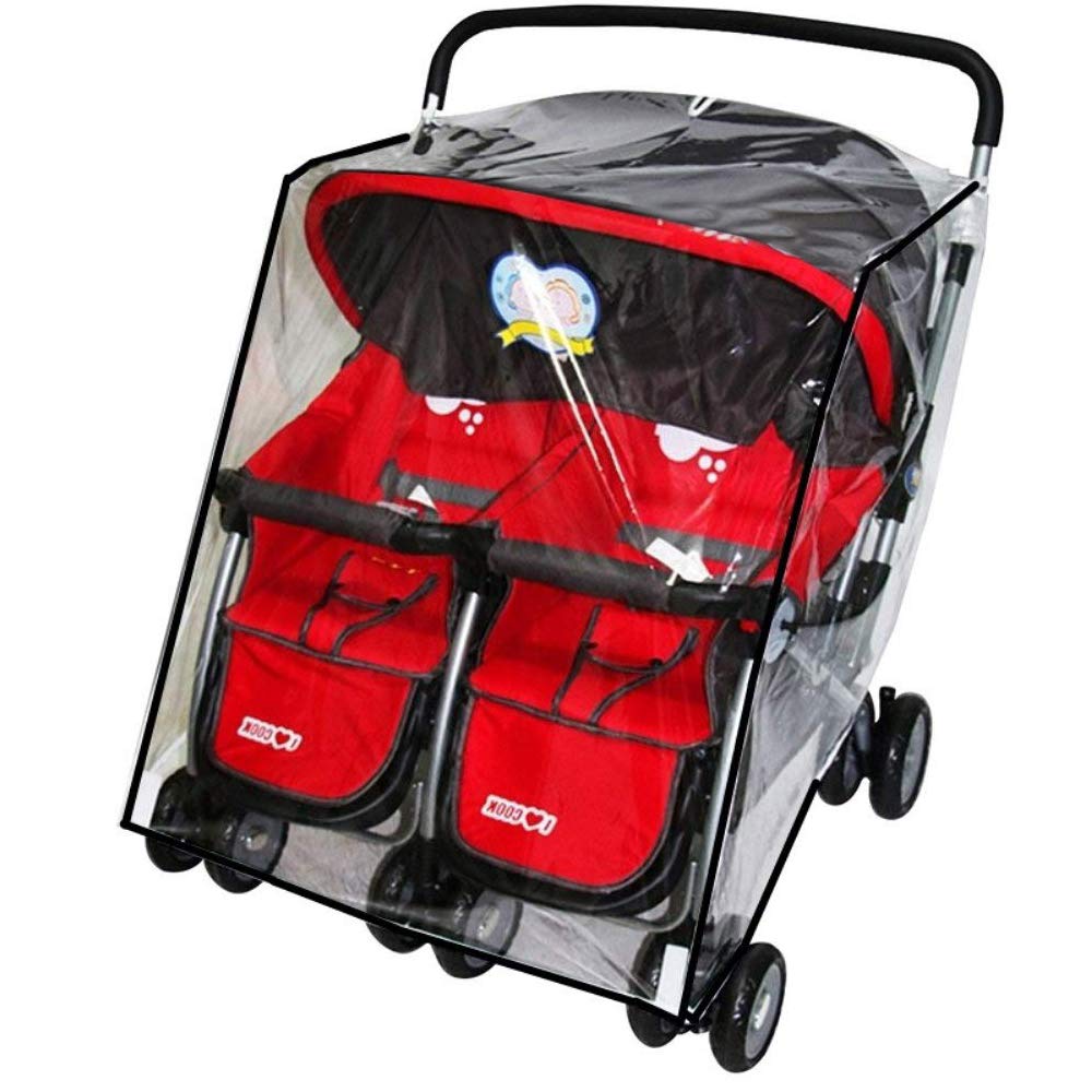 Side by Side Twins Stroller Raincover, Rainproof Dustproof Windproof Pushchair Stroller Buggy Pram Large Throw Over Rain Cover Windshield with Canopy and Zipper Door for Double Carrycots Prams