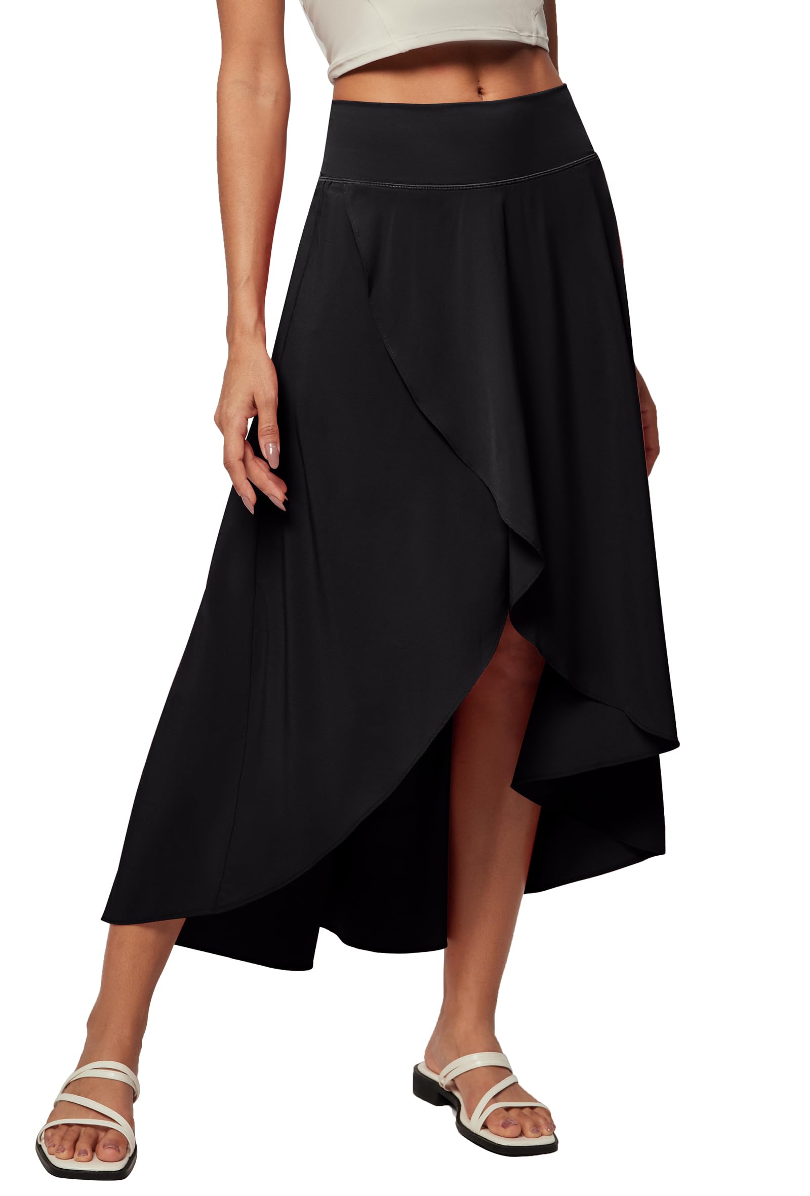 View 1 of **SIZE 2XL** Heathyoga High Waist Wrap Skirt with Shorts Flowy Skirts for Women Trendy Summer Ruffle High Low Maxi Skirt with Slit Black