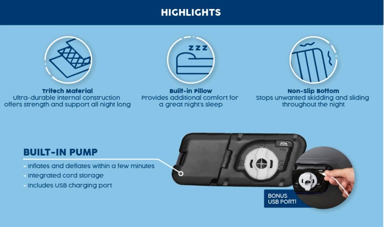 SleepLux Twin Air Mattress with Built-in AC Pump | 15" Raised Inflatable Airbed | Includes Built-in Pillow and USB Charge Port | Best Back and Shoulder Support | Durable Tritech Material, Multi: Sports & Outdoors