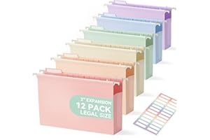 SortRax Plastic Extra Capacity Legal Size Hanging File Folders, 2" Pastel Expanding Pocket, Heavy Duty for Filing Cabinet, Insertable 1/5-Cut Tabs - 12 Pack