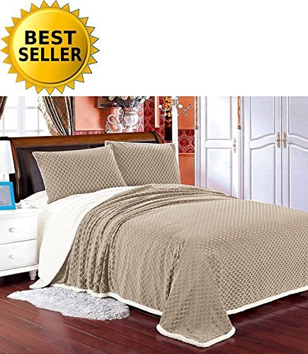 Elegant Comfort Luxury Micro-Sherpa Ultra Plush Warm Heavy-Weight Wave Pattern Blanket, King/Cal King, Cream-Beige