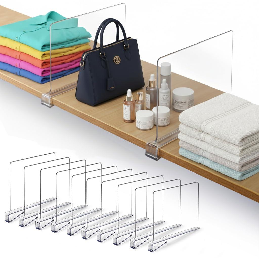 Photo 1 of 10 Pack Acrylic Shelf Dividers for Closet 11x7.9 Inch – Acrylic Dividers for Shelves Clear Closet Shelf Separators for Purses, Clothes Storage – Vertical Bookshelf Dividers for Bedroom & Kitchen