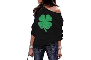 Roshop St. Patrick's Day Women‘s Off the Shoulder Four Leaf Clover Irish Long Sleeve Sweatshirts