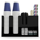Paper Cup and Lid Holder with Straw Organizer, 6 Compartment Disposable Coffee Cup Dispenser for Countertop Coffee Bar Access