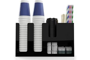 HEIMMA Paper Cup and Lid Holder with Straw Organizer, 6 Compartment Disposable Coffee Cup Dispenser for Countertop Coffee Bar Accessories Restaurant Breakroom, Acrylic, Black