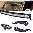 XJMOTO 32'' Curved LED Light Bar & Below Roof Front Windshield Mount Brackets 5 Position Mount Compatible with POLARIS RZR 900 1000
