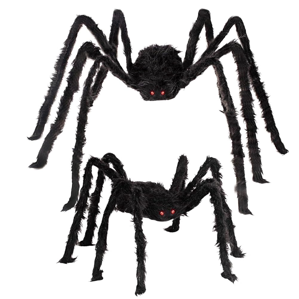 Photo 1 of 1 Pack Halloween Giant Spiders, 6.5FT + 4.1FT Large Black Spider Fake Hairy Foldable Spider for Halloween Indoor and Outdoor Party Supplies, Theme Parties, Haunted House