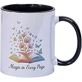 VACNKOCY Inspirational Ceramic Mug with Colorful Book & Butterfly Design – White Coffee Mug with Black Handle and Inner, 11oz Tea Cup for Book Lovers, Readers, Teachers, Women Gifts