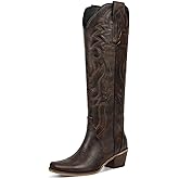 wetkiss Cowboy Boots for Women Knee High Cowgirl Tall Boots with Classic Retro Embroidered Chunky Heel Slip On Pointed Toe Womens Western Boots for Girls Ladies