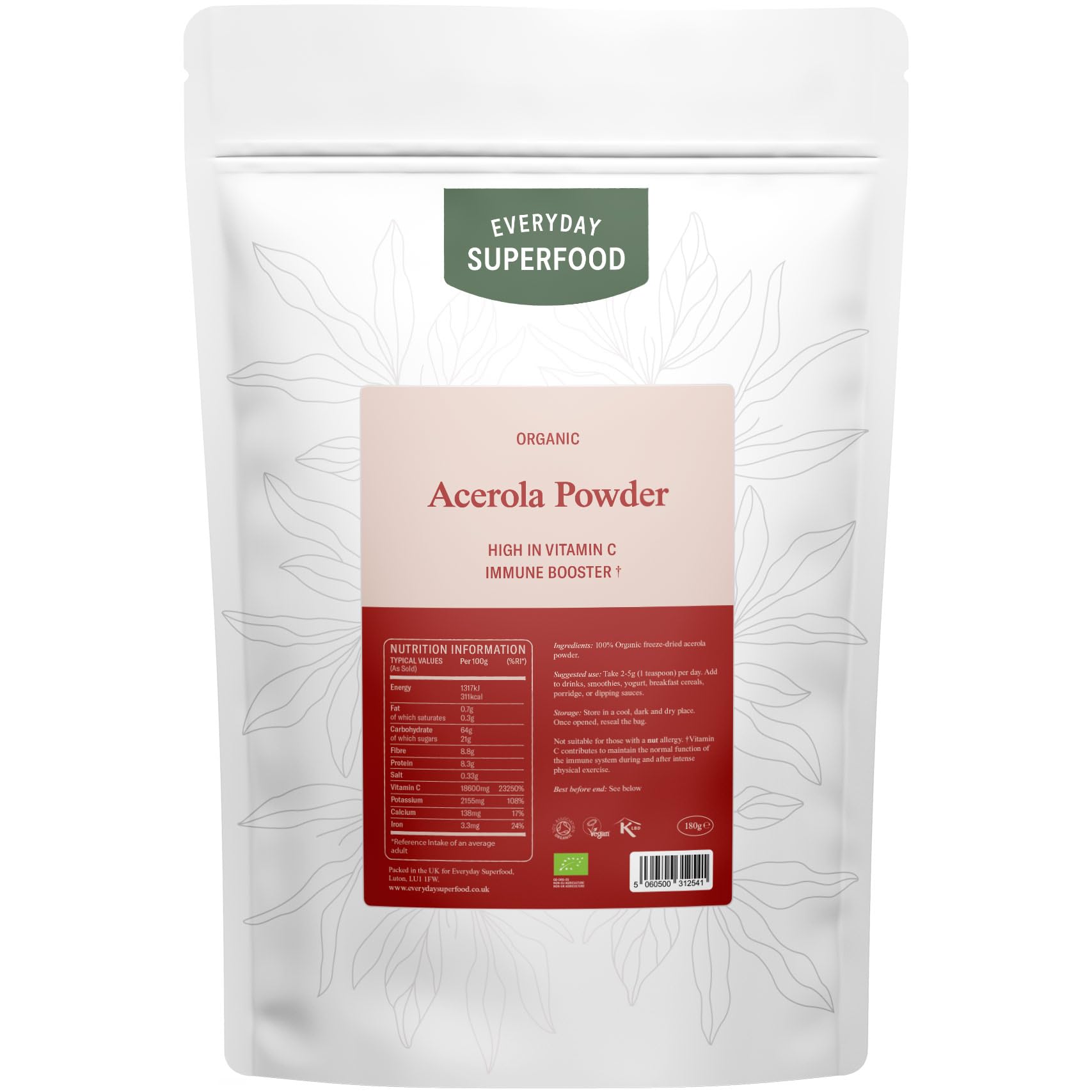 Organic Acerola Cherry Powder 180g Freeze Dried Everyday Superfood Pure Acerola Powder Rich in Vitamin C Certified Organic Vegan & Kosher
