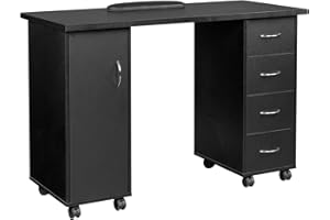 Maotifeys Manicure Table Rolling Nail Desk with Wheels, Modern Beauty Salon Workstation Nail Station Nail Art Table with 4 Drawers and Large Cabinet for Nail Tech (Black)