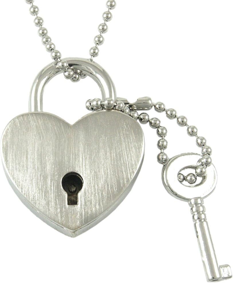 Heart Shaped Functional Padlock and Key Gold-plated Necklace Brushed Silver Tone