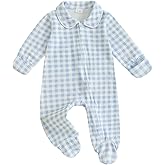 BULINGNA Newborn Baby Boy Girl Gingham Footed Romper Peter Pan Collar Infant Long Sleeve Zipper Jumpsuit Coming Home Outfit
