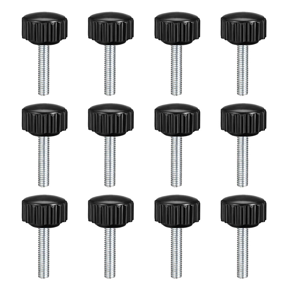 sourcing map M4 x 20mm Metric Male Thread Knurled Clamping Knobs Grip Thumb Screw on Type Plastic Threaded Hand Bolt Knobs Black 12 Pcs