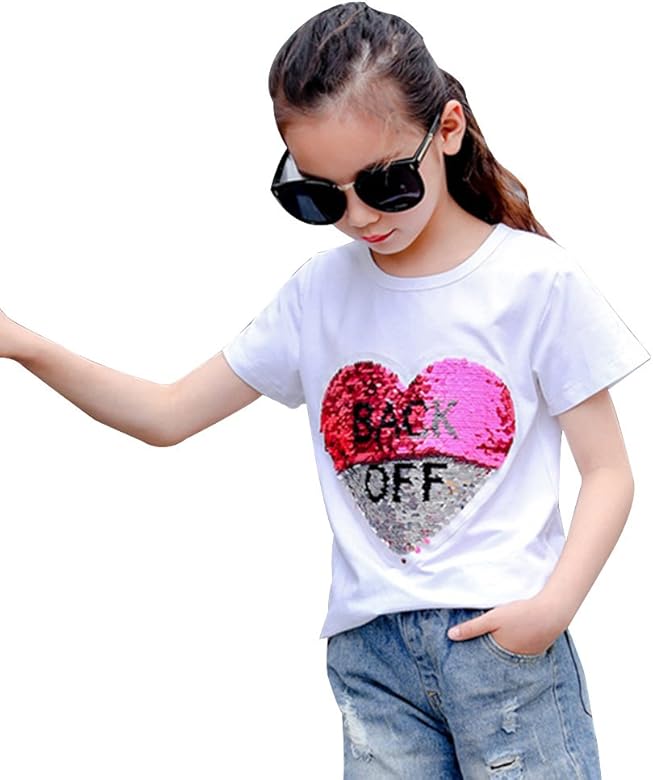 Amazon かわいいスパンコールtシャツガール半袖夏のトップ 110 ホワイト Tシャツ カットソー 通販