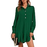 Fisoew Womens Casual Button Down Shirt Dress Long Sleeve Collared Pleated Swing Mini Dresses
